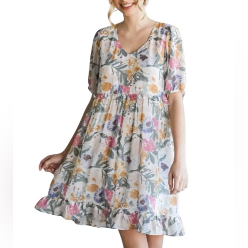 Jodifl Pastel pink blue Baby Doll Floral chiffon Ruffle Spring Graduation Dress